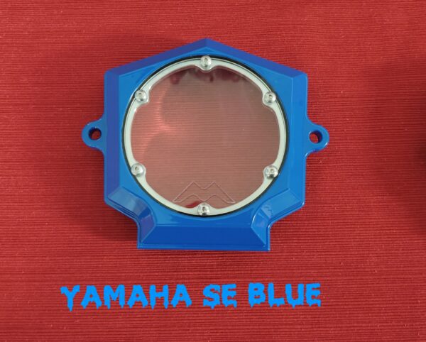 A Yamaha SE Blue Cam Cover on Red Background